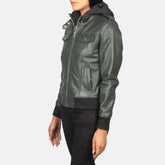 Xatus Green Leather Hooded Bomber Jacket